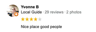 Review by Yvonne B, a local guide, giving a 4-star review. Text reads 