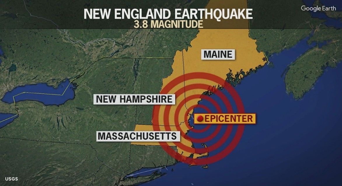 A map of New England with the 1/27/25 earthquake epicenter off the southern Maine Coast.