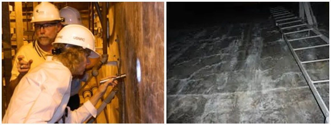 Left: An NRC inspector wearing a hard hat and shining a flashlight on concrete. Right: A concrete wall with a ladder, showing cracking present throughout the concrete.