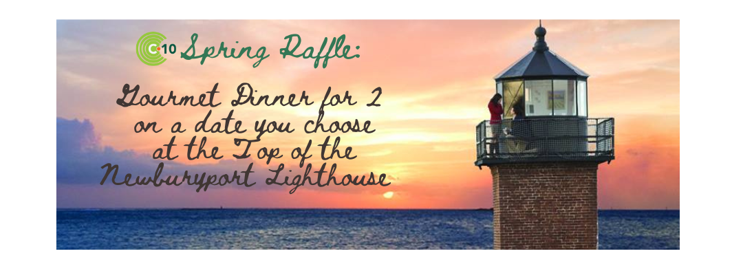 This image includes two people on a lighthouse balcony at sunset, with the ocean and colorful sky behind them. Text states