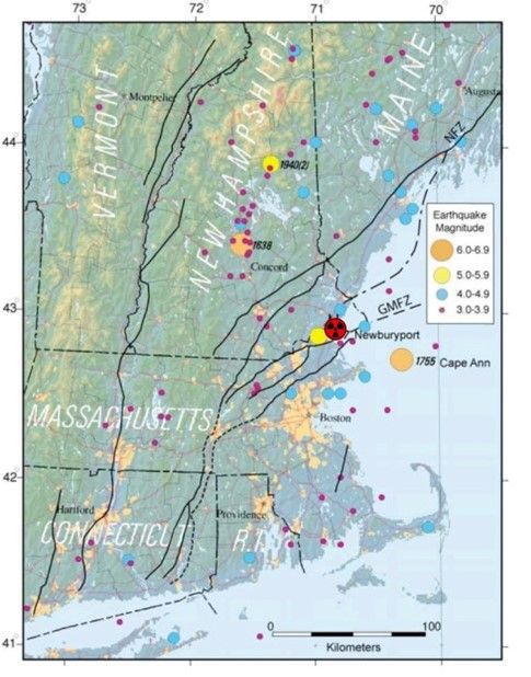 A map of New England states with lines indicating fault lines and circles of various size and color to indicate historic earthquakes.