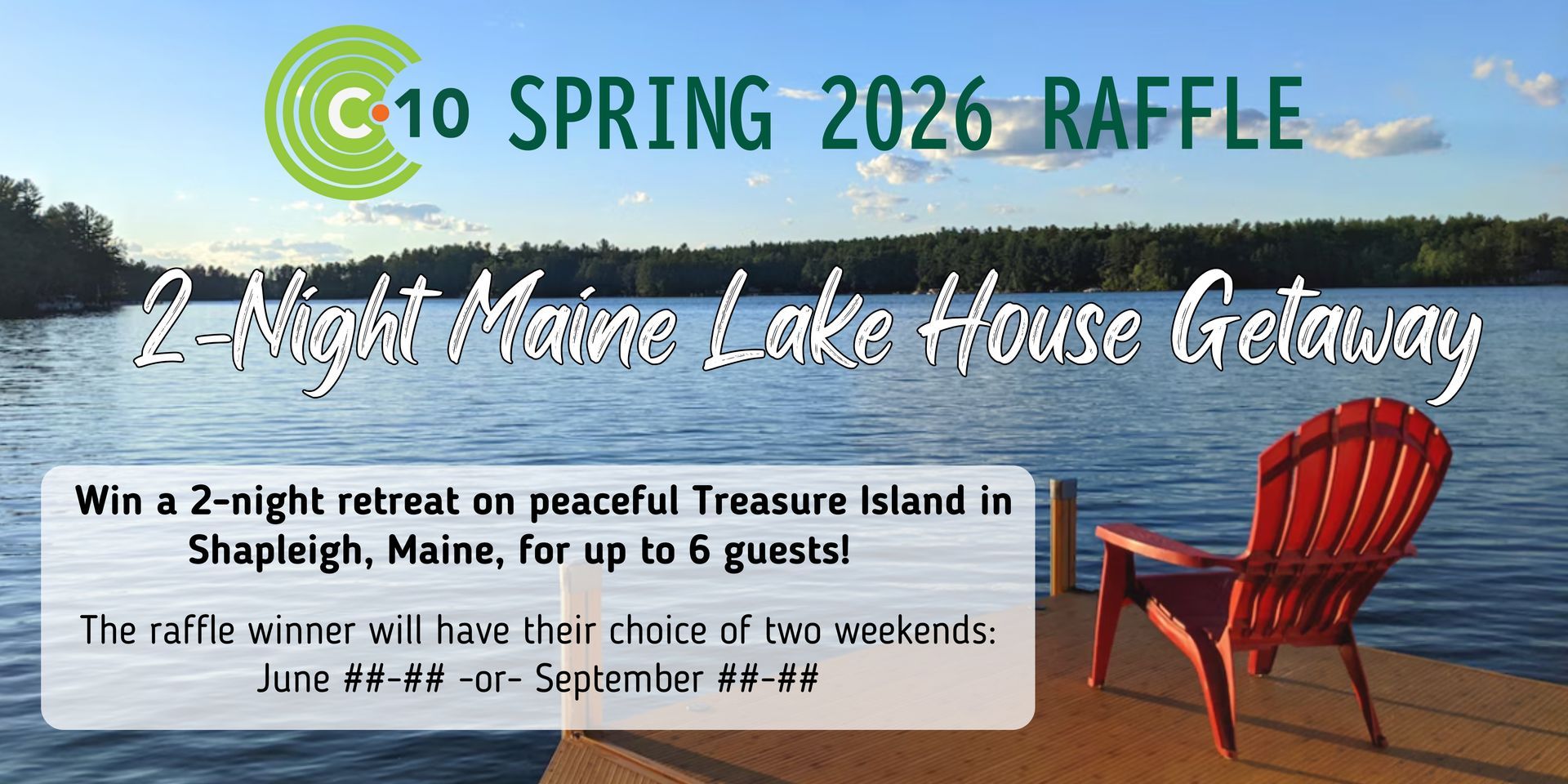 This image shows an orange Adirondack chair on a deck next to a large lake. There is a large forest surrounding the lack.