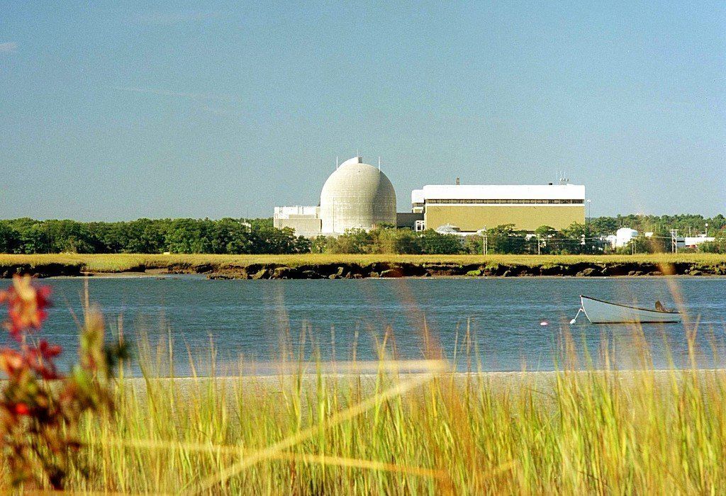 A photo of Seabrook Station Nuclear Power Plant from the surrounding coastal marsh. The containment dome is the largest structure pictured.