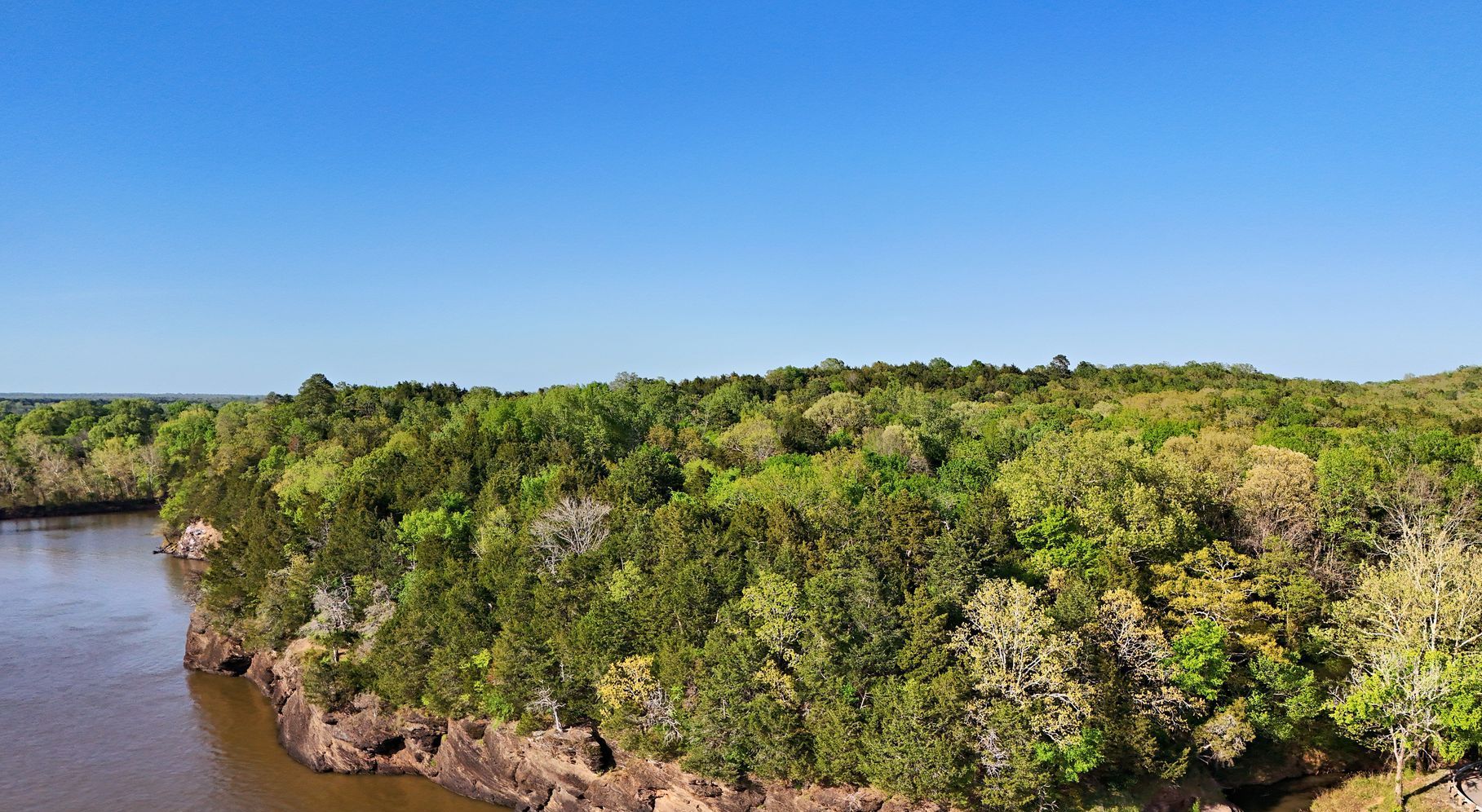 An aerial view of a river surrounded by trees on a sunny day.
