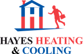 Logo: House with "H" shape in blue and red; red person running, carrying briefcase; "Hayes Heating & Cooling".