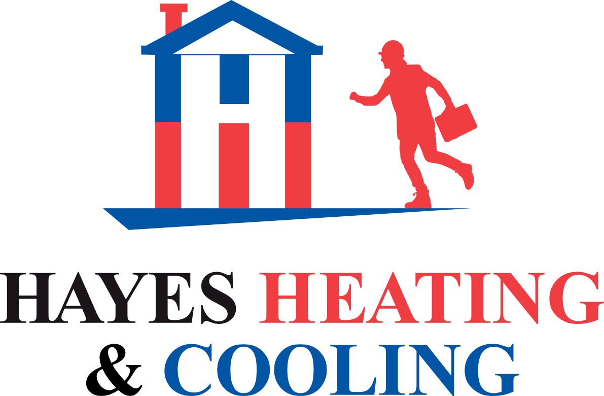 Logo: House with "H" shape in blue and red; red person running, carrying briefcase; "Hayes Heating & Cooling".
