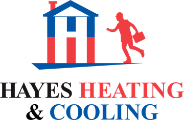 Logo: House with "H" shape in blue and red; red person running, carrying briefcase; "Hayes Heating & Cooling".