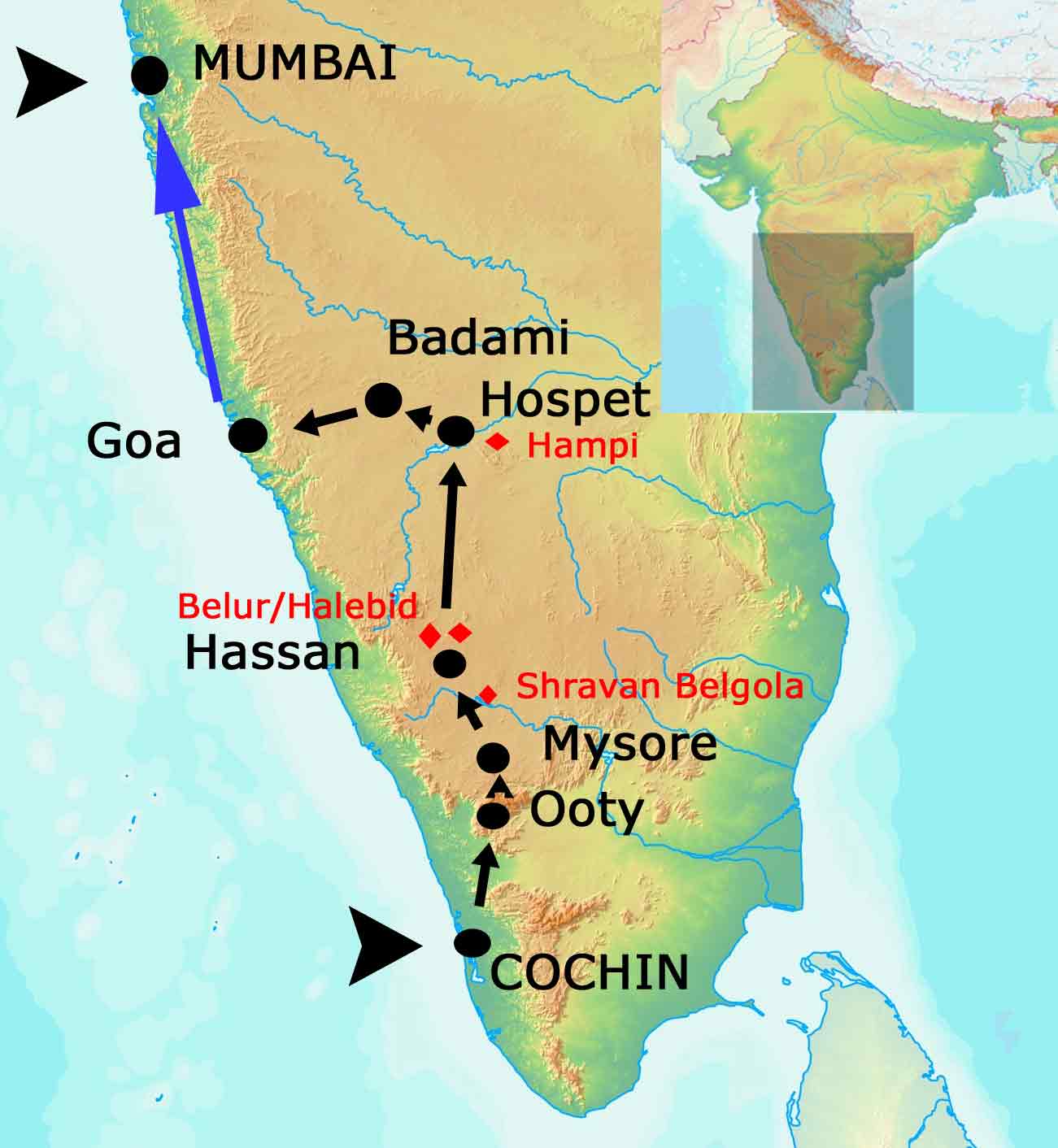 Indien Karte Rundreise Kerala, Mysore, Hampi, Goa
