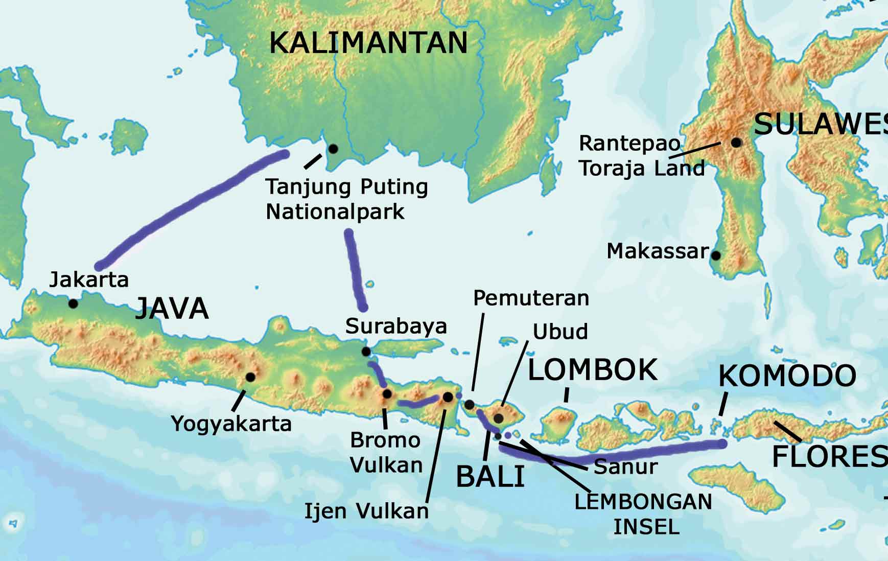 Karte Indonesien Warane und Orang Utans