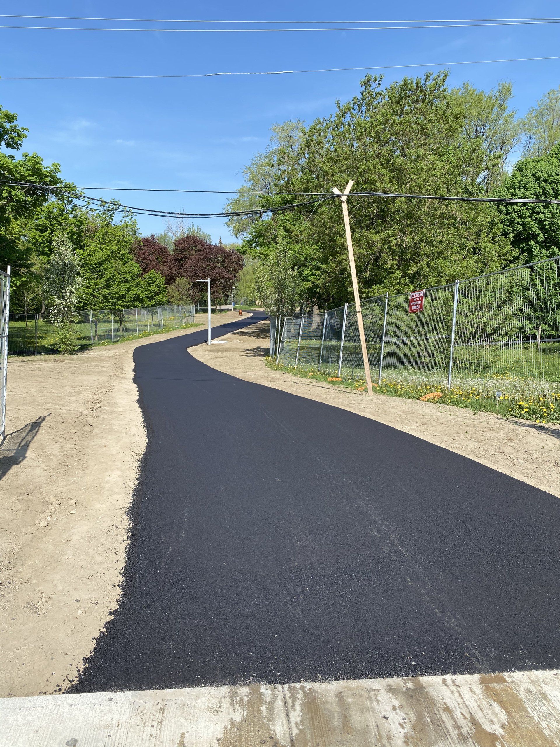 A black road with trees on the side of it and a blue sky in the background.