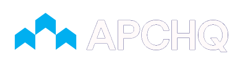 Un logo pour apchq avec une flèche bleue sur fond blanc.