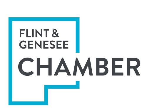 The logo for flint and genesee chamber is blue and black.