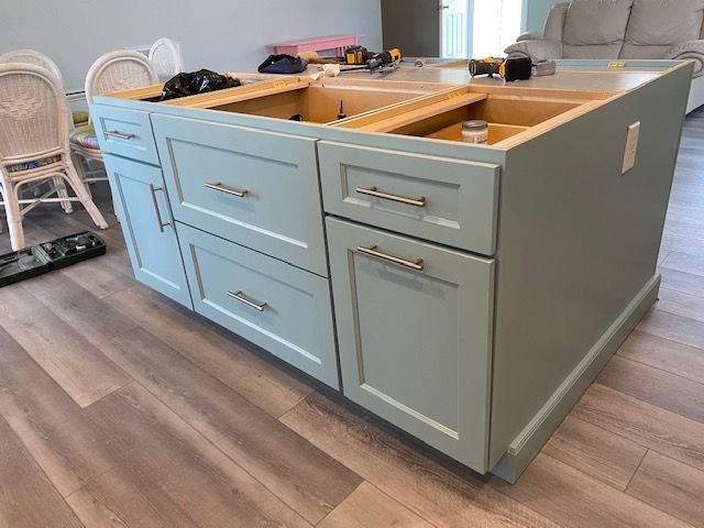Light teal blue kitchen island