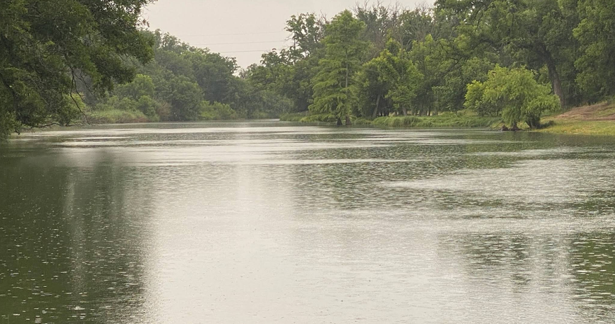 A river surrounded by trees on a cloudy day