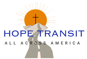 The logo for hope transit all across america is a road with a cross on top of it.