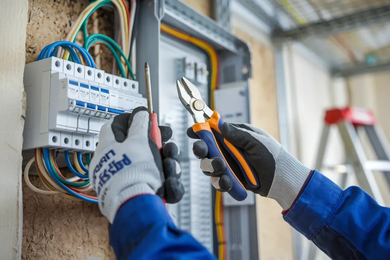 An electrician on a roof expertly installing a security camera to enhance home security.
