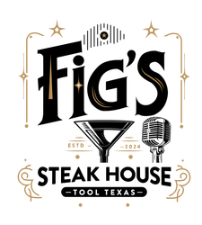 Fig's Steak House logo: black text and illustrations on white background. Includes a funnel, microphone, and stars.