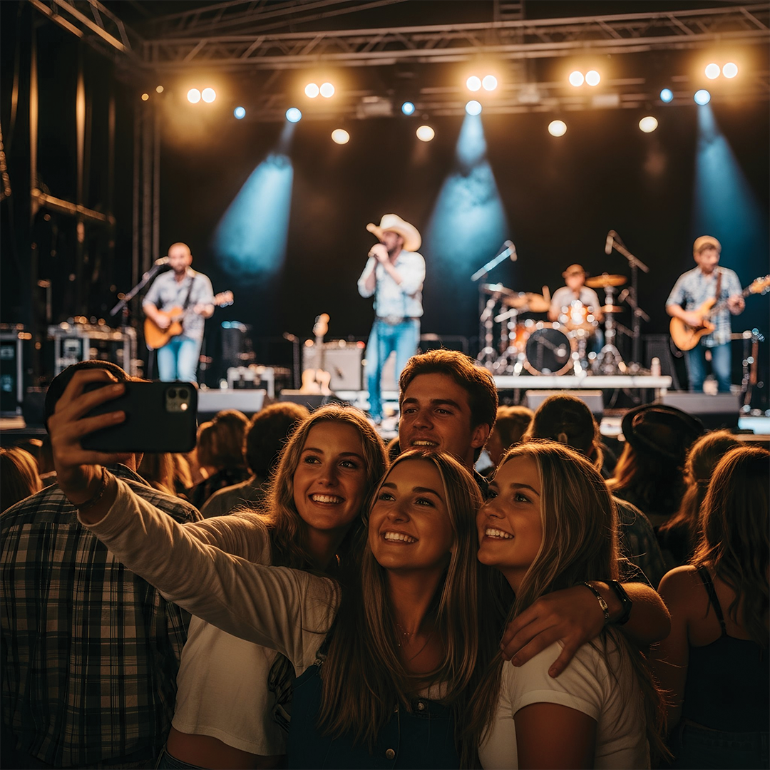 People taking a selfie at a concert. A band performs on stage with bright lights.