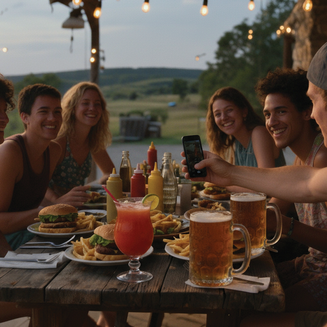 Friends eating burgers and fries, taking a photo at an outdoor table; drinks, food, and string lights visible.