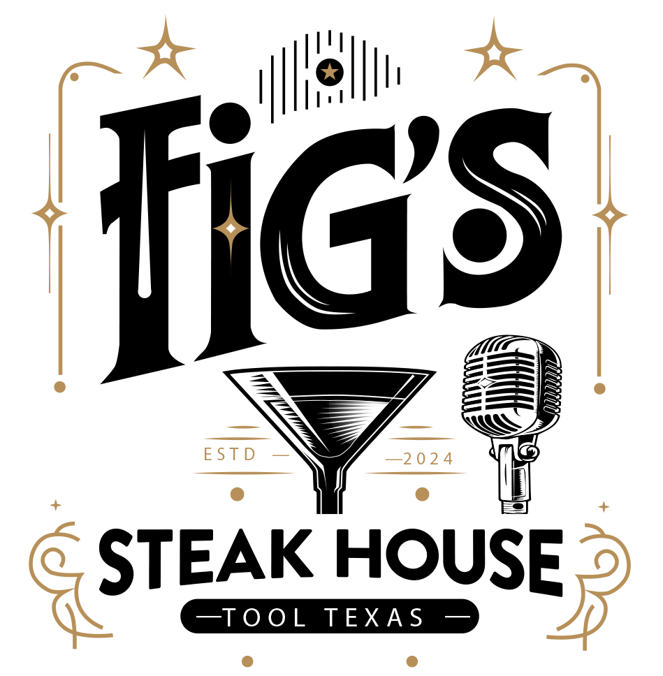 Fig's Steak House logo: black text and illustrations on white background. Includes a funnel, microphone, and stars.