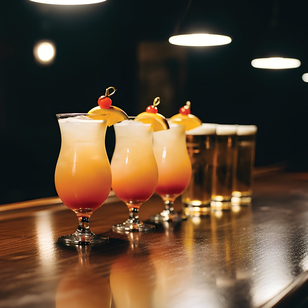 Cocktails and beers on a bar, lit by overhead lights. Orange and yellow drinks with garnishes.