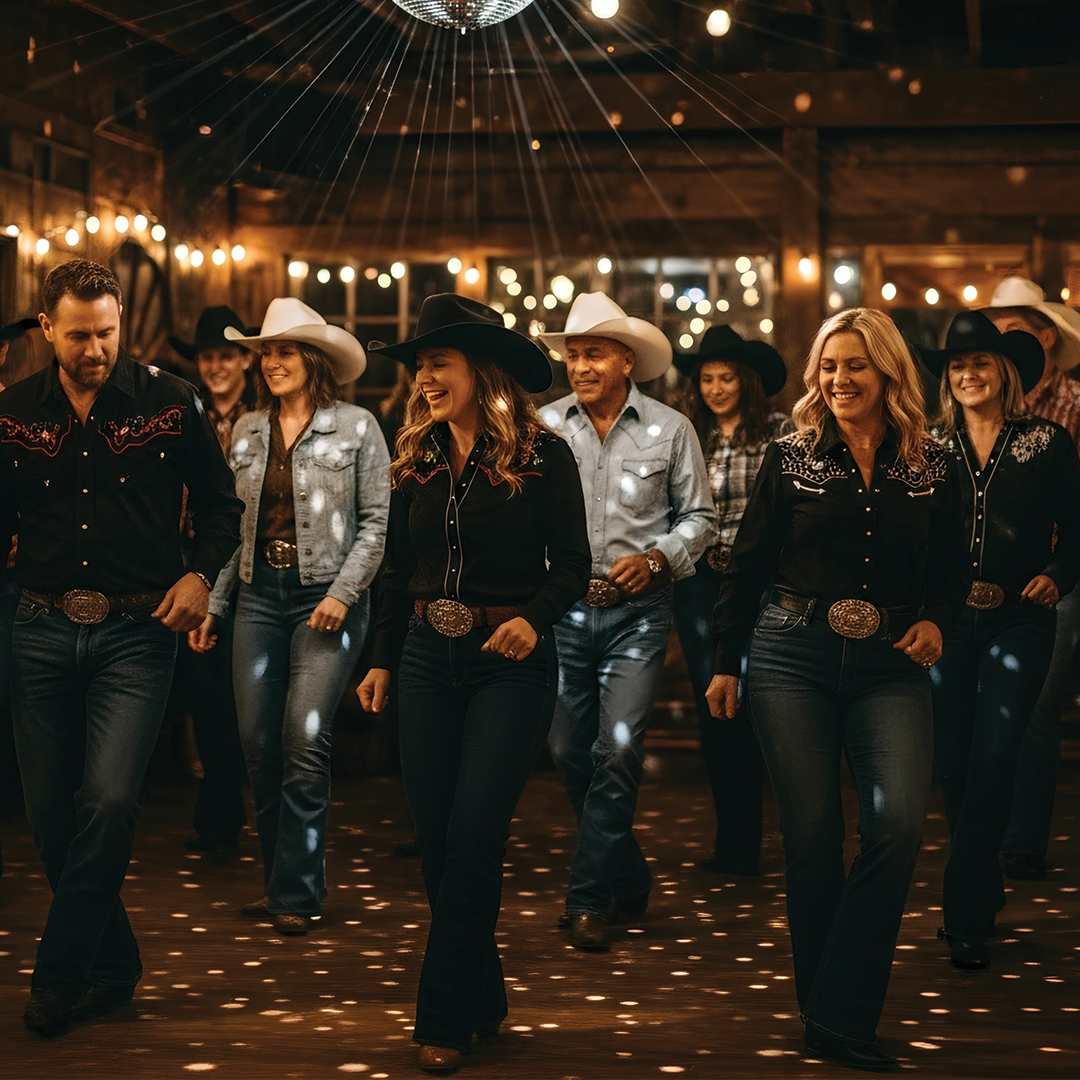 People line dancing in a barn, wearing cowboy hats and western attire.
