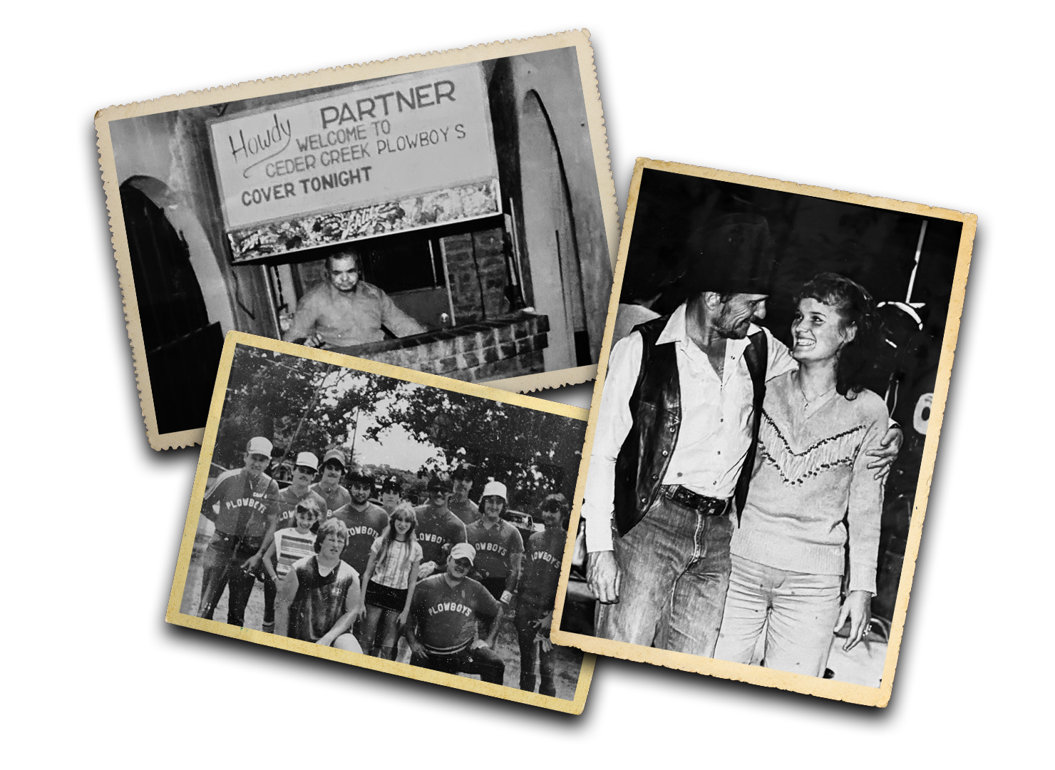 Three vintage black and white photos: a man at a ticket booth, a crowd of people, and a couple embracing.