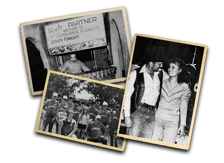 Three vintage black and white photos: a man at a ticket booth, a crowd of people, and a couple embracing.