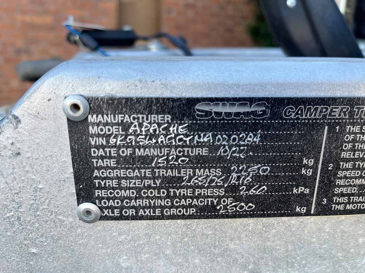 A Close Up Of A Label On A Vehicle That Says Manufacturer Model Apache — Perkins Caravans in Ballina, NSW
