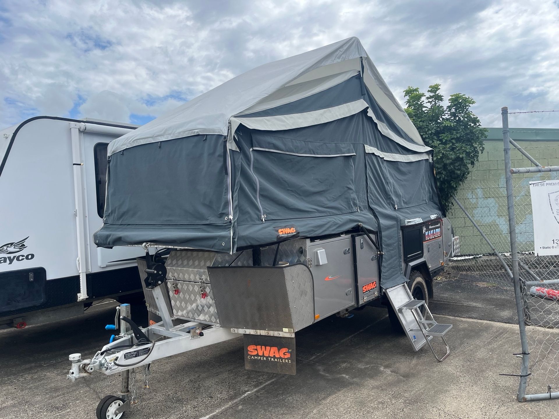 A Used Camper Trailer On Display In A Sales Yard  -  Perkins Caravans Ballina