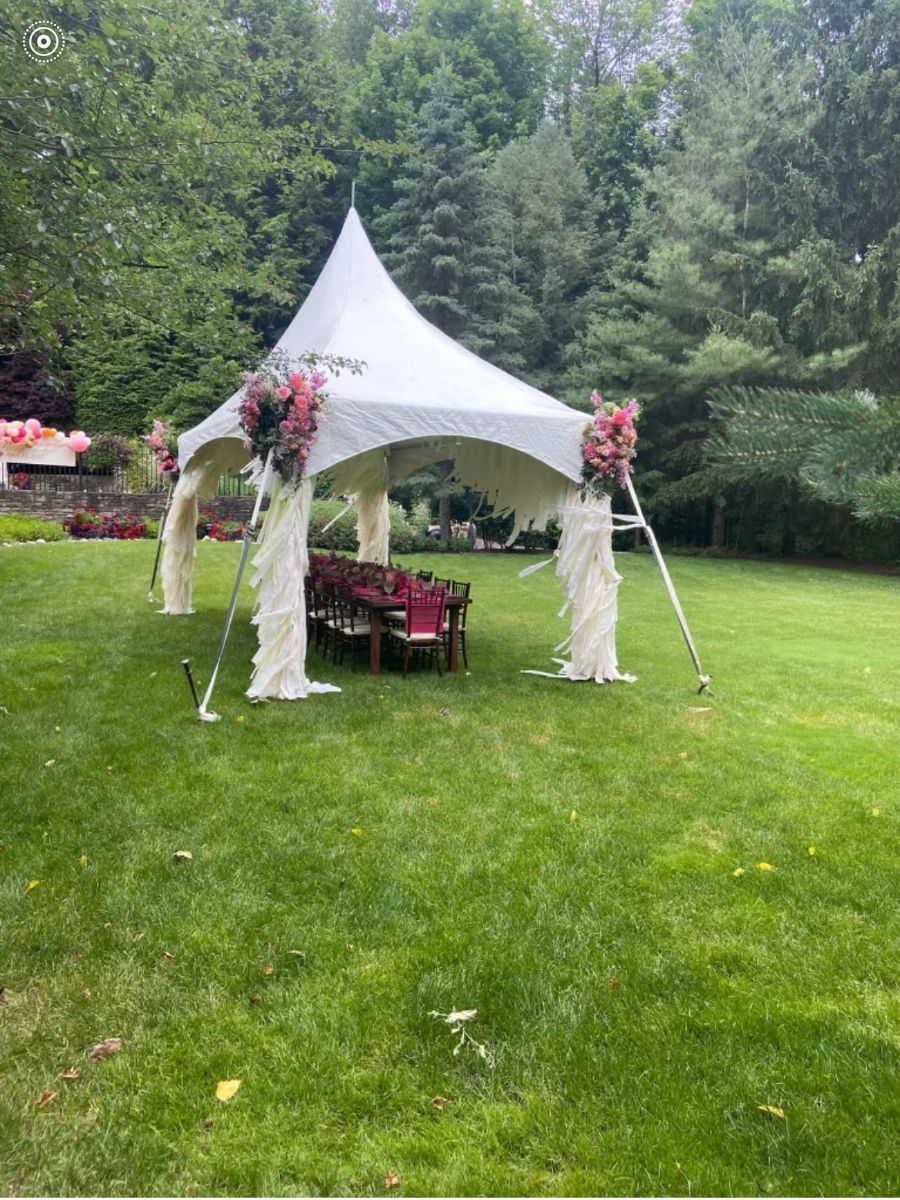 a white tent is sitting in the middle of a lush green field .
