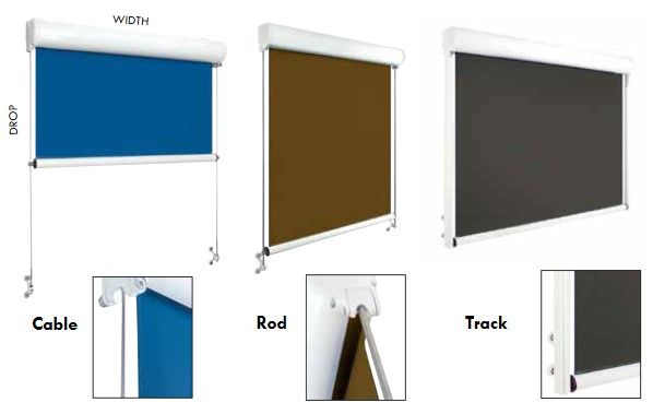 three different shades of blinds are shown including blue brown and black
