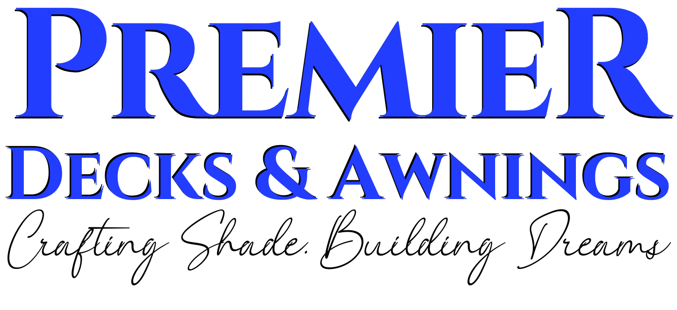 A blue and white logo for premier decks and awnings
