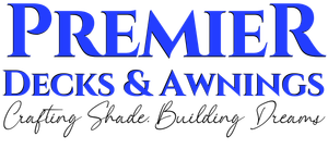 a logo for premier decks and awnings crafting shade building dreams