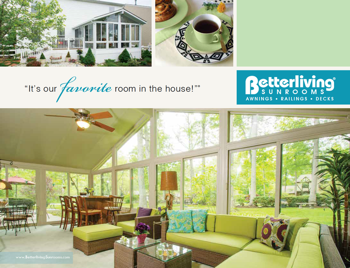 an advertisement for better living sunrooms shows a living room