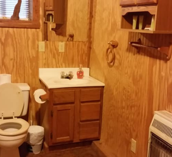 Small wood-paneled bathroom with toilet, vanity sink, mirror, and wall shelves.