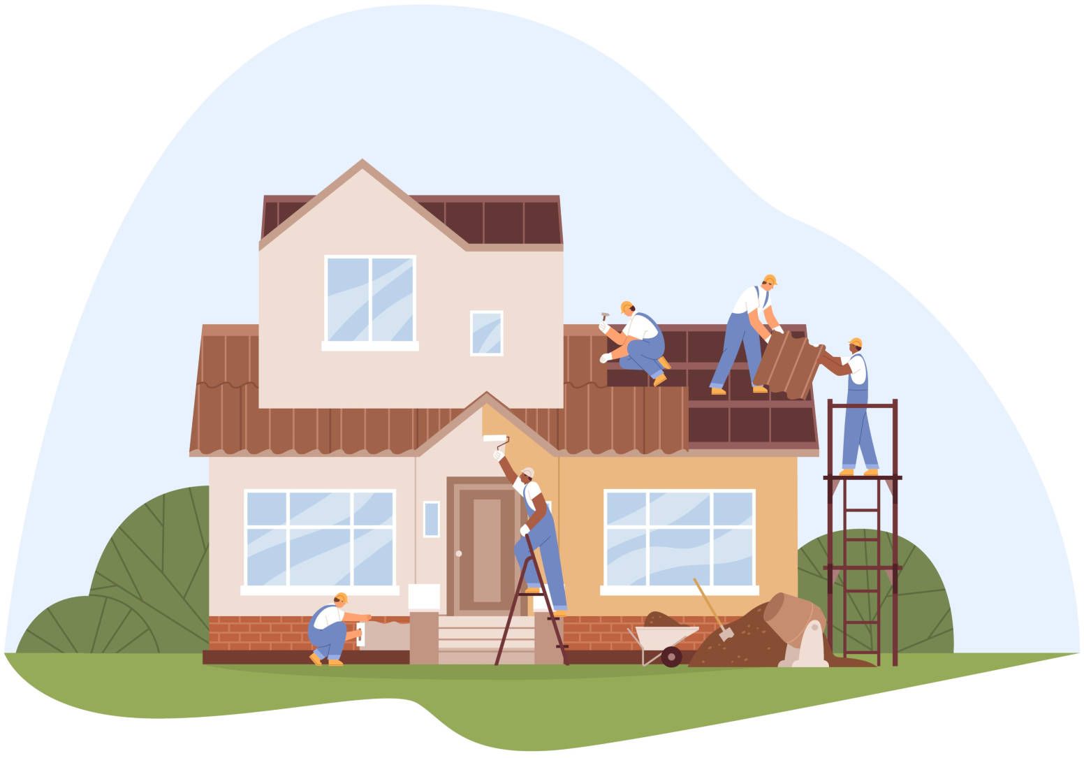 Illustration von Fachhandwerkern, die an einem Einfamilienhaus arbeiten.