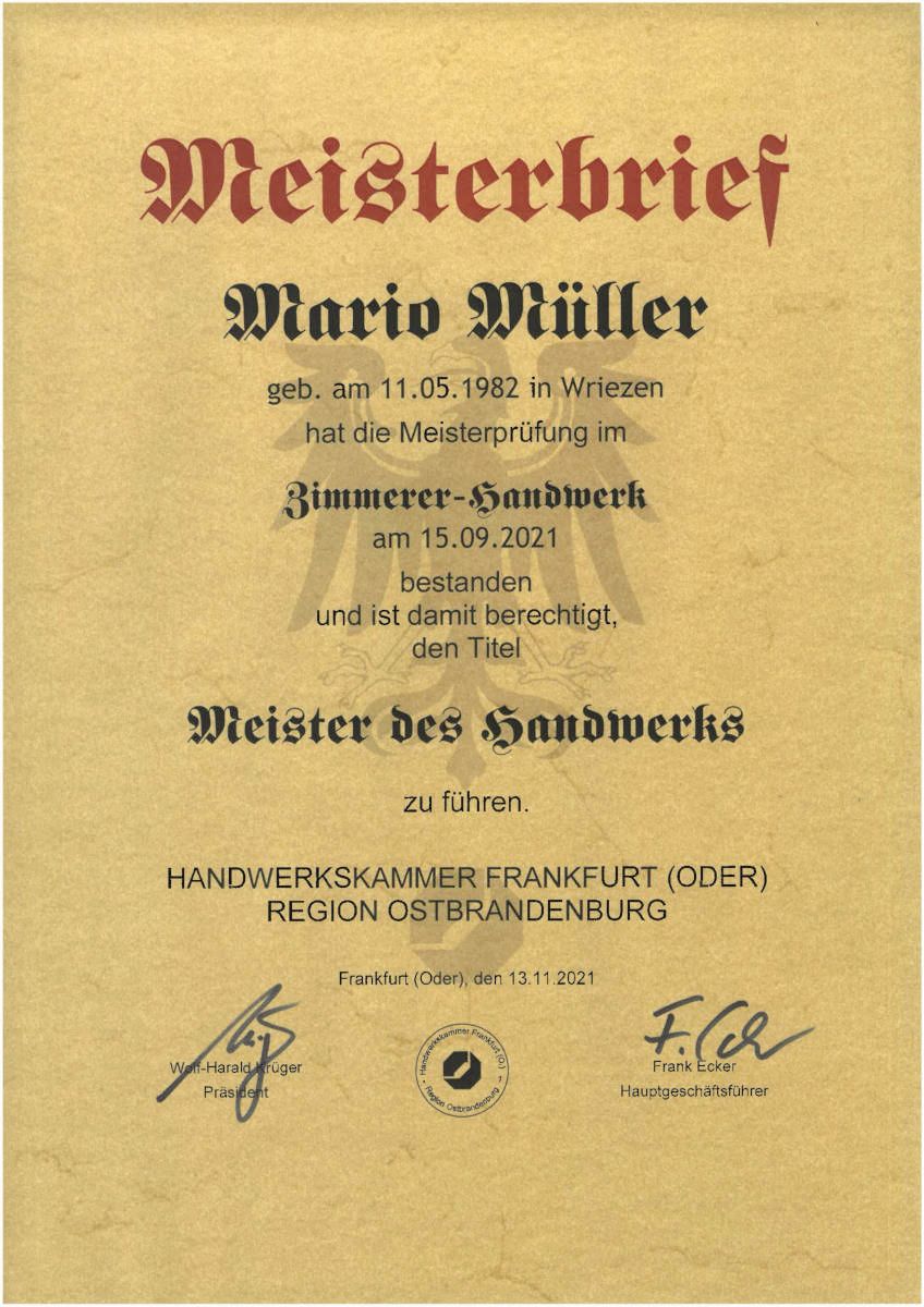 Meisterbrief Mario Müller Zimmerer