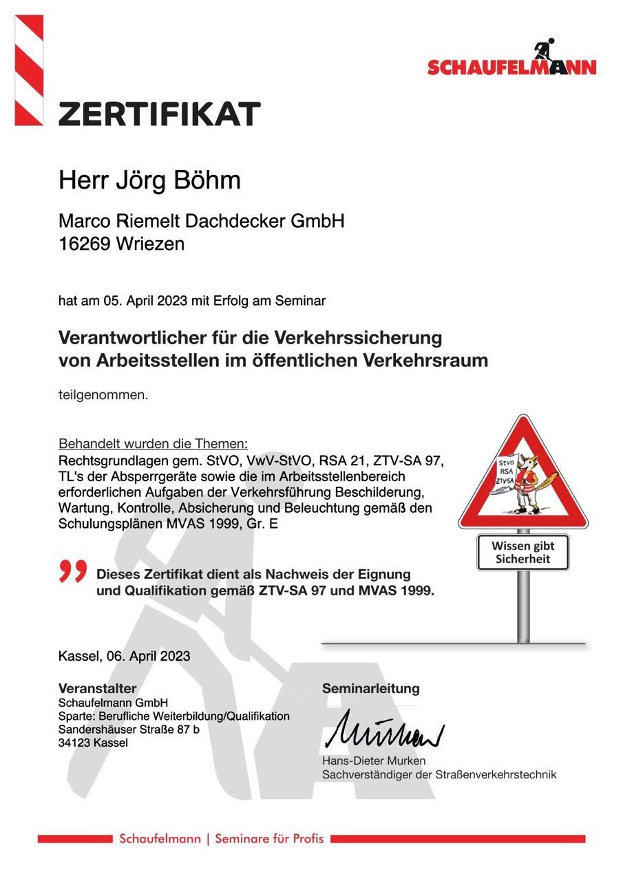 Zertifikat Jörg Böhm Marco Riemelt Dachdecker GmbH