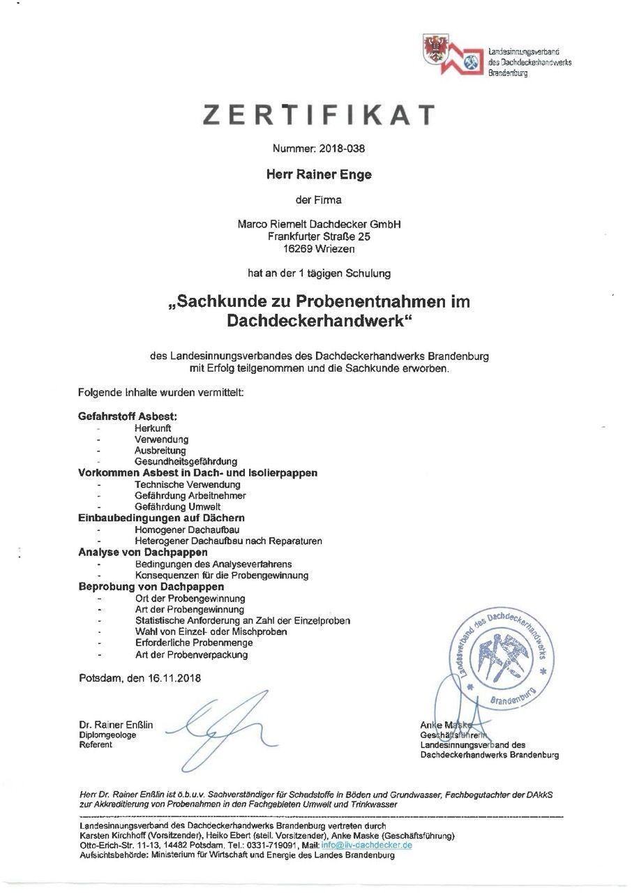 Zertifikat Rainer Enge Marco Riemelt Dachdecker GmbH