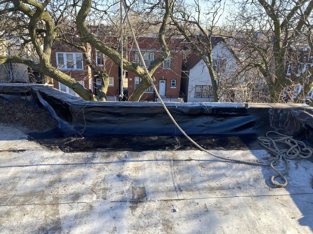 Rooftop with black tarp covering a ledge, rope, buildings and bare trees in the background.