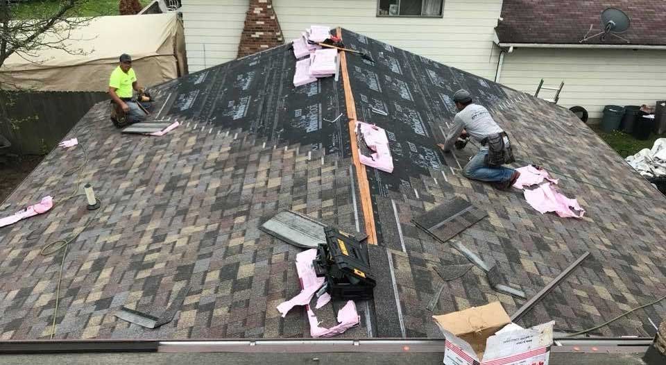Roofers installing shingles on a house roof; two workers visible, various tools, pink insulation, outdoor setting.