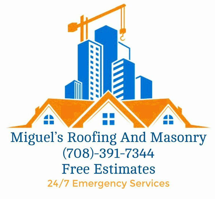 Logo for Miguel's Roofing And Masonry with orange roof, blue buildings, crane, and contact information.