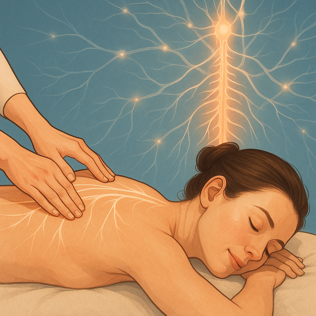 Woman receiving massage with glowing nervous system overlay, symbolizing stress relief and balance.