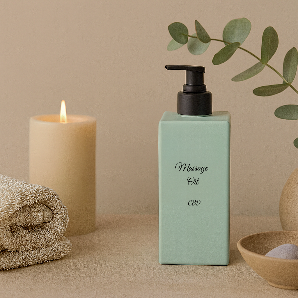 Upgraded massage oil bottle in a spa-like setting, used during sessions at The Traveling Sole  Omak