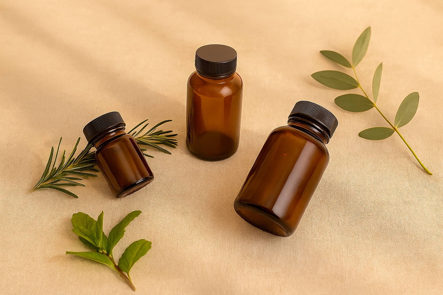 Amber glass supplement bottles with natural greenery on a warm background, representing trusted well