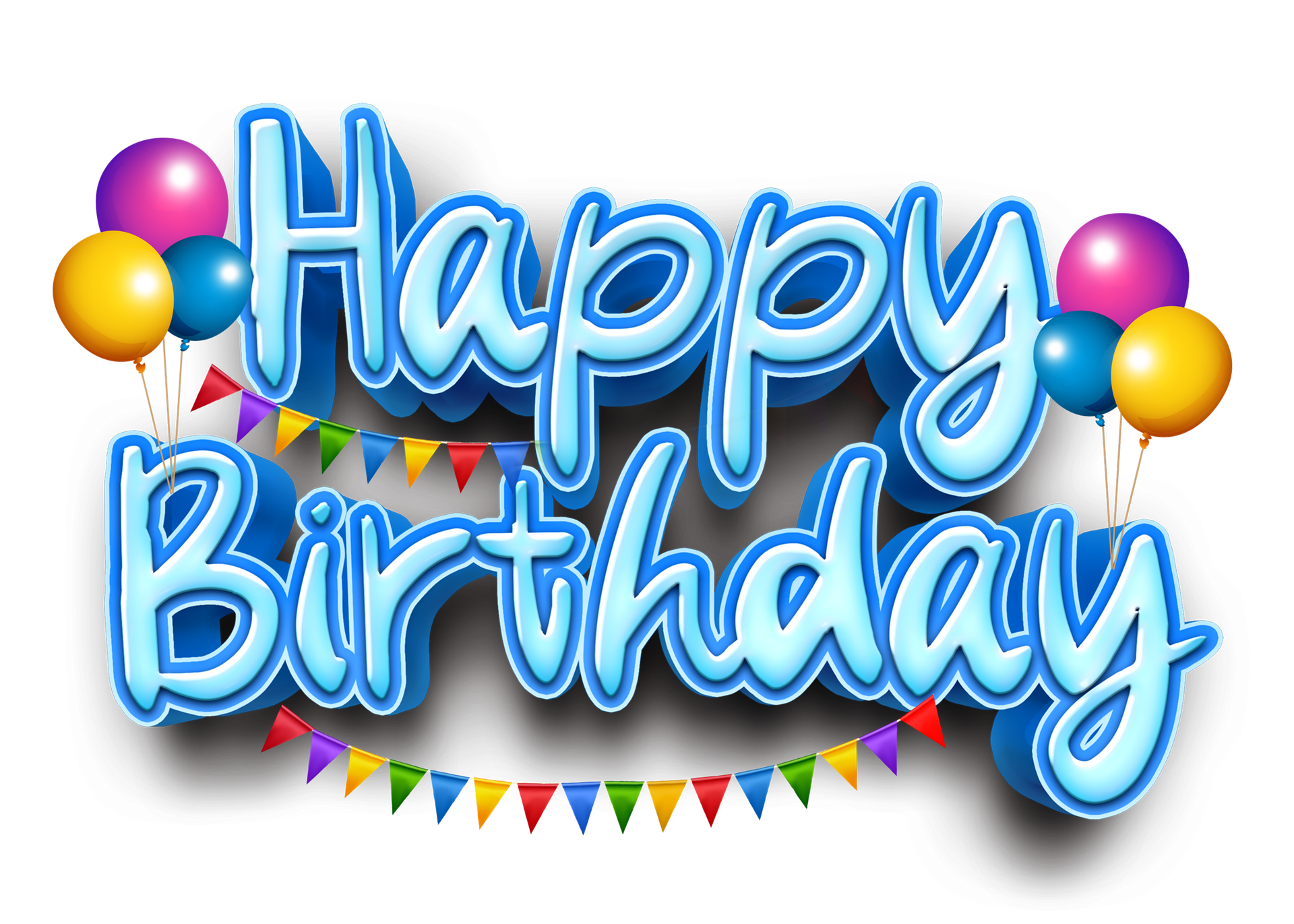 A happy birthday sign with balloons and flags