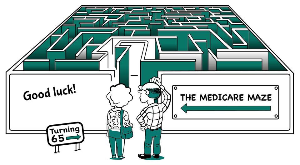 Two people are standing in front of a maze that says the medicare maze