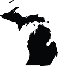 A black and white silhouette of the state of michigan on a white background.