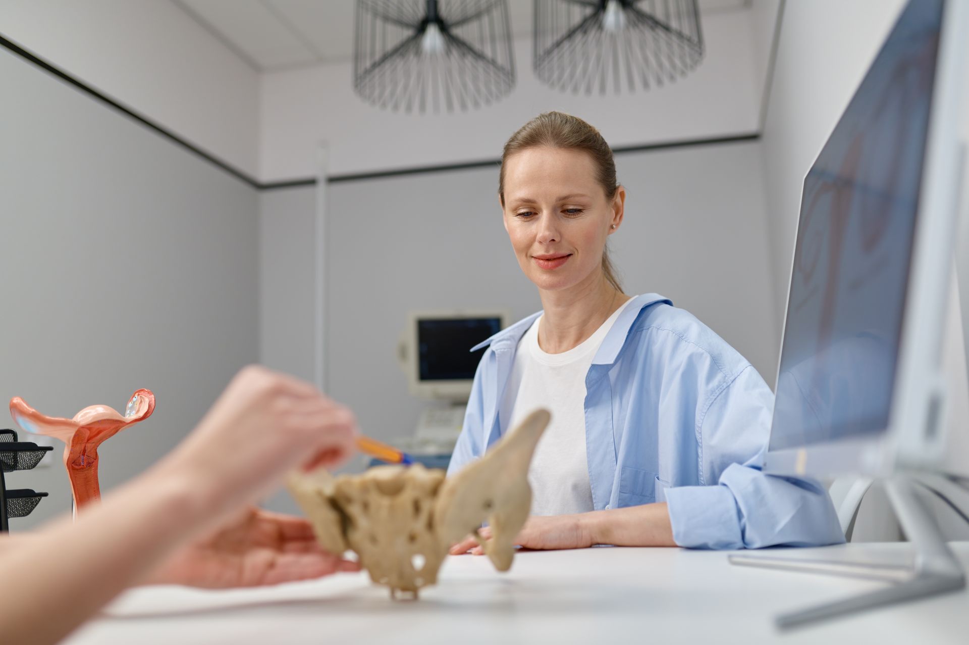 A female doctor is sitting at a desk talking to a patient while holding a model of the pelvis.